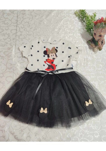 2-3-4 Yaş Puantiyeli Mickey Baskılı Kurdela Kuşaklı Astarlı Kız Bebek Tütü Elbisesi Siyah modelleri
