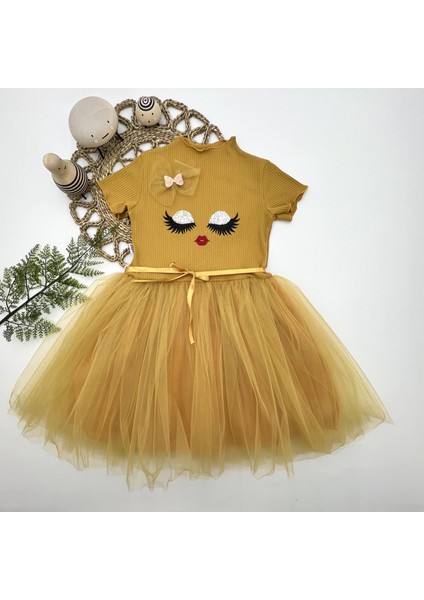 5-6-7 Yaş Payetli Süslü Yüz Baskılı Kız Çocuk Elbisesi