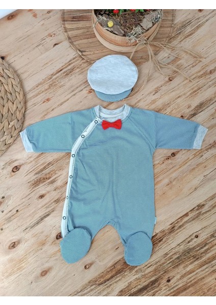 0-3 3-6 Ay Papyonlu Çizgi Desen Çıtçıt Kapama Kasketli Erkek Bebek Tulumu Lacivert