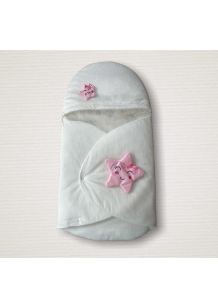 Yenidoğan Çift Yıldız Detaylı Şapkalı Duvaklı Kız Bebek Klasik Kundak Bebek Battaniyesi
