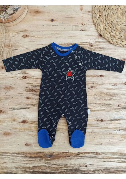 0-3 3-6 6-9 Ay Star Baby Baskılı Çıt Çıt Kapama Erkek Bebek Tulum Siyah