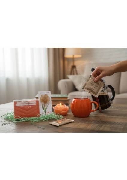 Renkli Düşler Atölyesi Turuncu Kupa ve Gül Mumlu Hediye Kutusu | Türk Kahvesi, Şık Kartlık, Lotus Toka, Dekoratif Gül Mum | Kadınlara Özel Doğum Günü, Yeni Yıl ve Özel Gün Hediye Seti