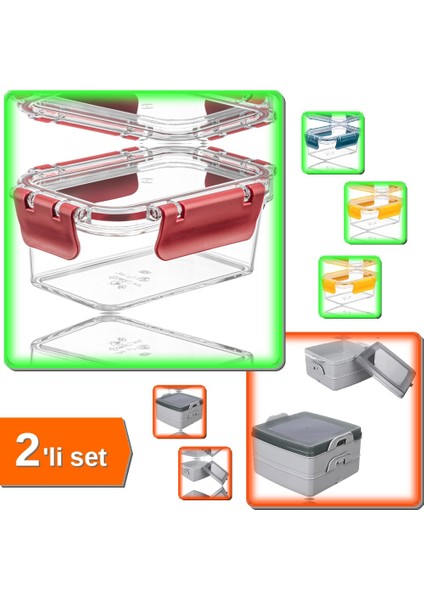 3 Adet Vakumlu Akrilik Saklama Kabı 900 ml + 2 Katlı Çok Amaçlı Kapaklı Saklama Kabı - 2li Set B3H1F
