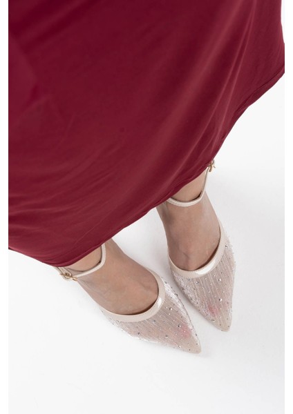 Borie Bej Tekstil Kumaş Taşlı Kadın Topuklu Ayakkabı