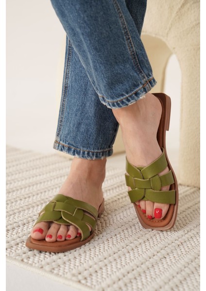 Marlen Haki Yeşili Hakiki Deri Terlik