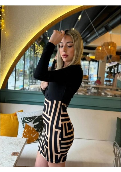 Kadın Uzun Kollu Kruvaze Yaka Labirent Desen Dalgıç Elbise fırsatları