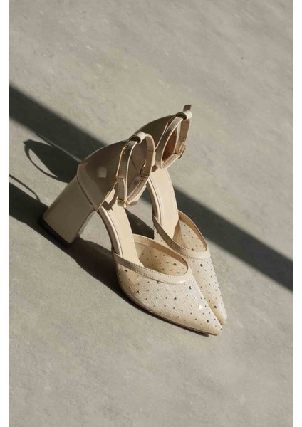Borie Bej Tekstil Kumaş Taşlı Kadın Topuklu Ayakkabı