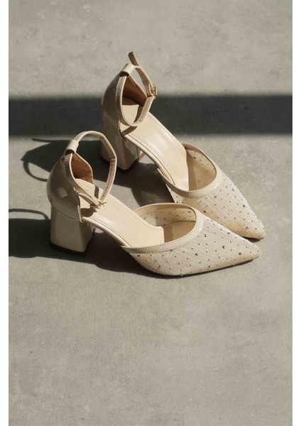 Borie Bej Tekstil Kumaş Taşlı Kadın Topuklu Ayakkabı