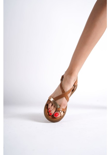 Legia Taba Altın Detaylı Hakiki Deri Sandalet