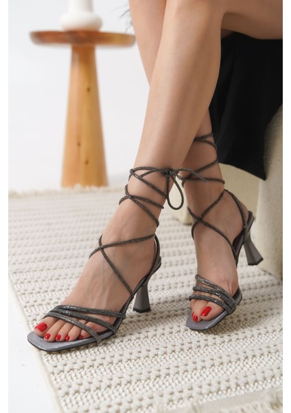 South Platin Taşlı Kadın Topuklu Sandalet