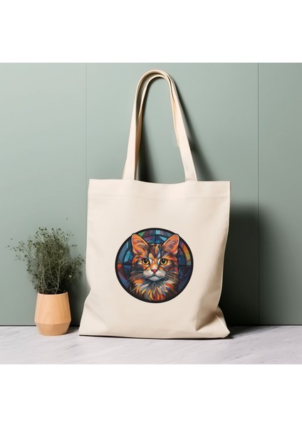 Vitray Kedi Tote Çanta, Gökkuşağı, %100 Pamuklu Çevre Dostu Alışveriş Çantası, Ömürlük Çanta