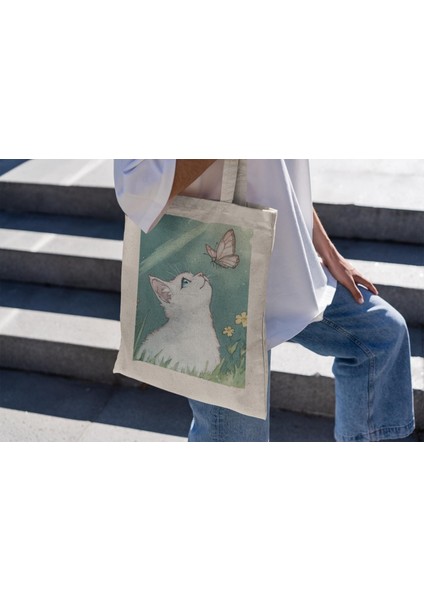 Anime Kitty Tote Çanta - Estetik Tote Çanta, Anime Tote Çanta, Yeniden Kullanılabilir Çanta
