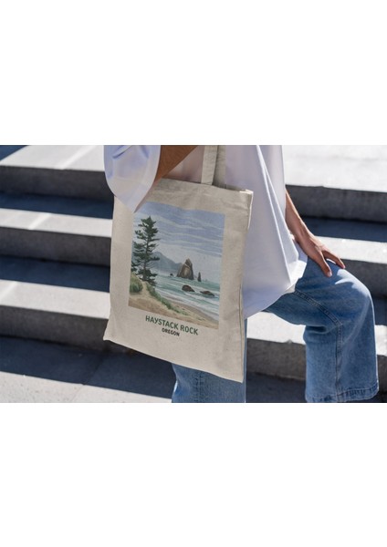 Haystack Rock Oregon Tote Çanta - Şirin Tote Çantalar, Oregon Tote Çantalar, En Iyi Kitap Çantası, Estetik Alışveriş Çantası modelleri