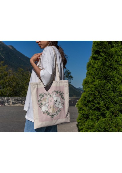 Coquette Garden Bunnies Tote Çanta - Estetik Tote Çantalar, Şirin Tote Çantalar, Estetik Tote Çantalar, Şirin Kitap Çantaları