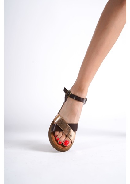 Orwell Acı Kahve Altın Detaylı Hakiki Deri Sandalet