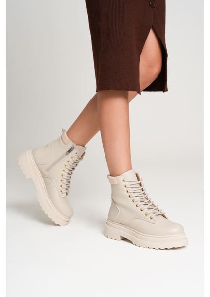 Fiora Özel Tasarım Kadın Kışlık Kalın Tabanlı Bej Bot