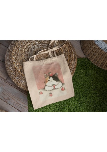 Calico Cat Çilek Tote Çanta - Kedi Tote Çantası, Sevimli Tote Çanta, Kanvas Tote Çanta, En Iyi Tote Çanta, Alışveriş Çantası, Estetik Tote Çanta, En Iyi Tote Çanta