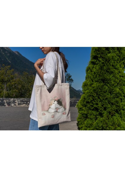 Calico Cat Çilek Tote Çanta - Kedi Tote Çantası, Sevimli Tote Çanta, Kanvas Tote Çanta, En Iyi Tote Çanta, Alışveriş Çantası, Estetik Tote Çanta, En Iyi Tote Çanta fiyatları