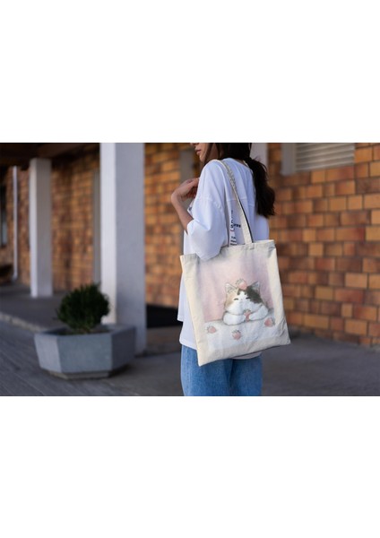 Calico Cat Çilek Tote Çanta - Kedi Tote Çantası, Sevimli Tote Çanta, Kanvas Tote Çanta, En Iyi Tote Çanta, Alışveriş Çantası, Estetik Tote Çanta, En Iyi Tote Çanta modelleri