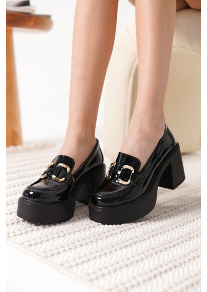 Felice Siyah Rugan Gold Tokalı Kadın Loafer modelleri