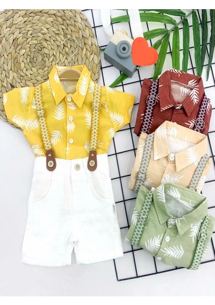 9-12-18-24 Ay Pamuk Keten Kumaş Hawai Gömlek Lastik Askılı 2li Erkek Bebek Takımı Bej