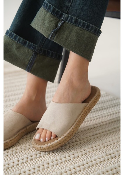 Grey Süet Bej Kadın Terlik