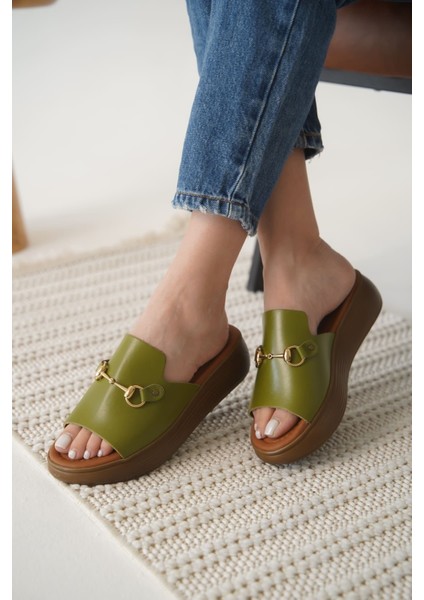 Nelly Haki Yeşili Hakiki Deri Terlik