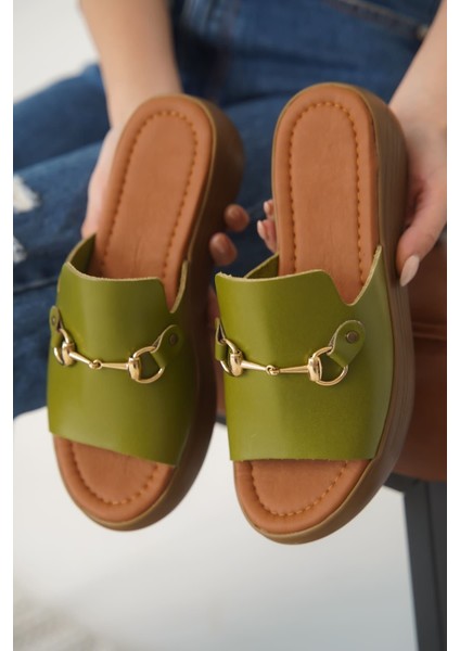 Nelly Haki Yeşili Hakiki Deri Terlik modelleri