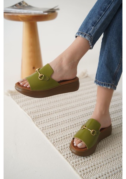 Nelly Haki Yeşili Hakiki Deri Terlik