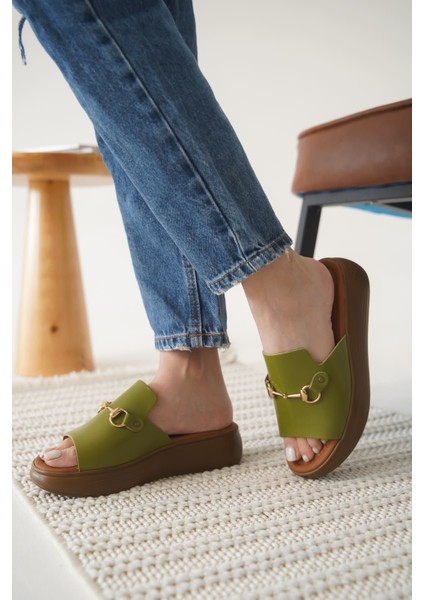 Nelly Haki Yeşili Hakiki Deri Terlik