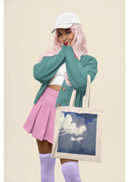 Bulutlu Uçak Tote Çantası - Estetik Tote Çanta, Sade Tote Çanta, Sevimli Tote Çanta modelleri