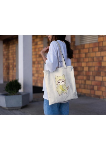 Banana Kitty Tote Çanta - Kedi Tote Çantası, Estetik Tote Çanta, Tote Çanta, En Iyi Tote Çanta, Kitap Çantası, Sevimli Tote Çantalar