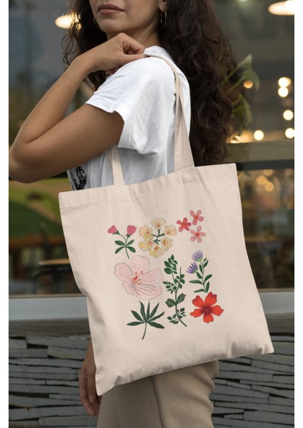 Botanik Çiçekler Tote Çanta - Sevimli Tote Çantalar, Estetik Kitap Çantaları, Hediye Kitap Çantası, Sevimli Kitap Çantaları, Alışveriş Çantaları, Çiçekli Tote Çantalar modelleri