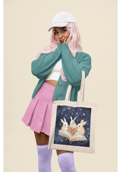 Sihirli Kitap Tavşanları Tote Çantası - Cottage Core, Sevimli Tote Çanta, Sevimli Tavşanlar, Komik Tavşanlar, Tavşan Tote Çantası, Sevimli Kitap Çantası, Dreamcore modelleri