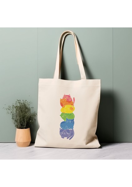 Lgbtqıa+ Onur Tote Çantası, Sevimli Gökkuşağı Kedileri, %100 Pamuklu Çevre Dostu Alışveriş Çantası, Ömürlük Çanta
