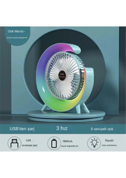 Masaüstü Vantilatör USB Şarjlı Rgb LED Işıklı 3 Kademeli 180° Ayarlanabilir Soğutucu Fan Mavi