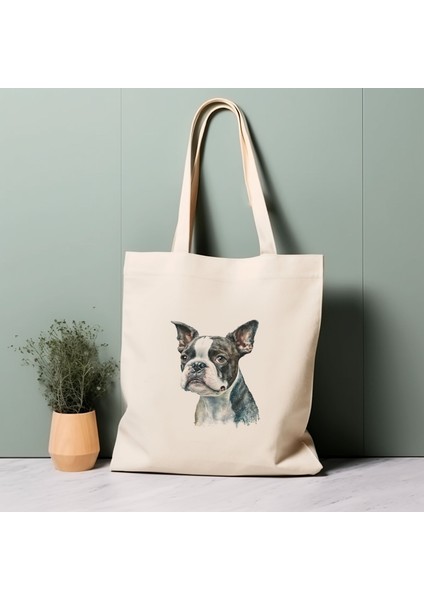 Boston Terrier Köpek Tote Çantası, Suluboya Köpek, %100 Pamuklu Çevre Dostu Alışveriş Çantası, Ömürlük Çanta