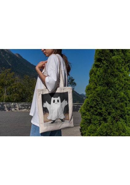 Ghost Kitty Tote Çanta - Ürkütücü Mevsim, Cadılar Bayramı Çantası, Şirin Tote Çanta