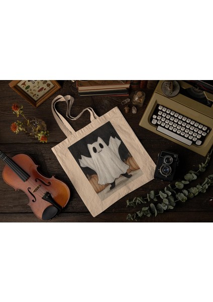 Ghost Kitty Tote Çanta - Ürkütücü Mevsim, Cadılar Bayramı Çantası, Şirin Tote Çanta modelleri