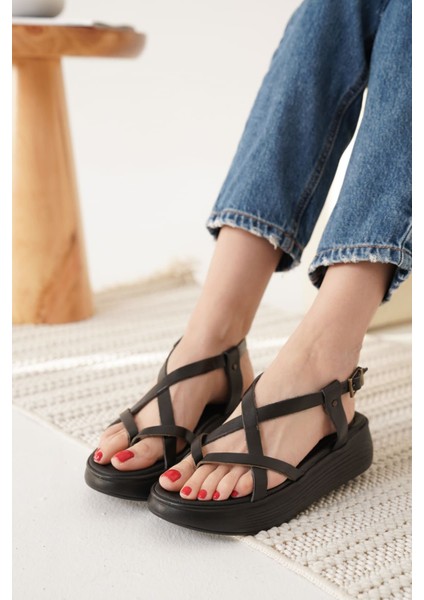 Linya Siyah Hakiki Deri Sandalet