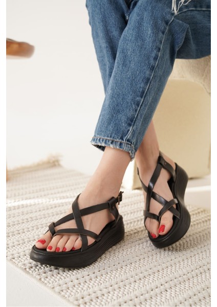 Linya Siyah Hakiki Deri Sandalet modelleri