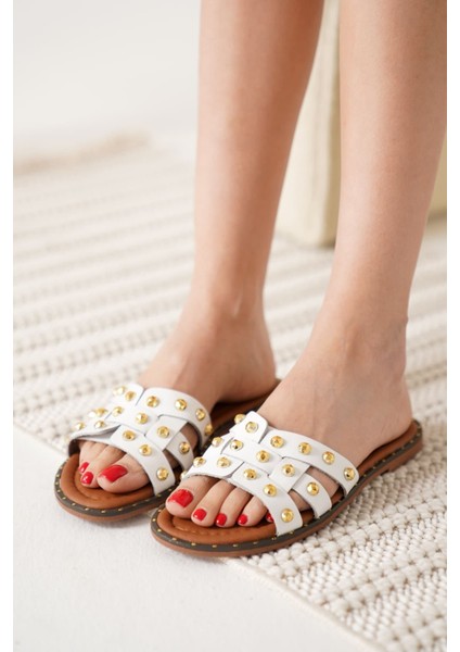 Loose Beyaz Hakiki Deri Terlik