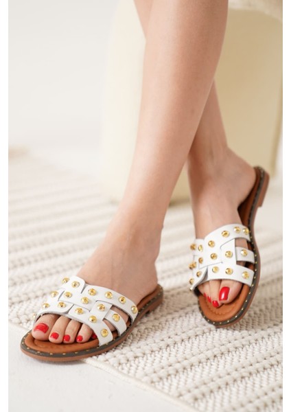 Loose Beyaz Hakiki Deri Terlik modelleri