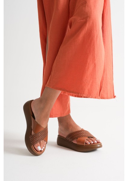 Fayn Taba Örgü Desenli Hakiki Deri Terlik