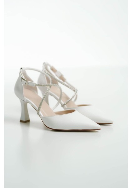 Fiona Taşlı Kadın Beyaz Topuklu Ayakkabı
