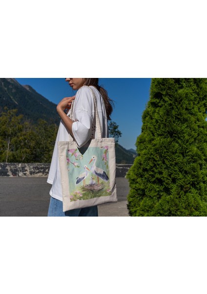 Leylek Tote Çanta - Kuş Tote Çanta, Kanvas Çanta, Alışveriş Çantası, Kitap Çantası, Kanvas Tote Çanta, Kuş Kitap Çantası, Alışveriş Çantası Hediyesi, Bahar Tote Çantası