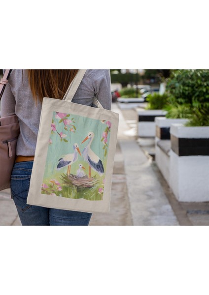 Leylek Tote Çanta - Kuş Tote Çanta, Kanvas Çanta, Alışveriş Çantası, Kitap Çantası, Kanvas Tote Çanta, Kuş Kitap Çantası, Alışveriş Çantası Hediyesi, Bahar Tote Çantası fiyatları