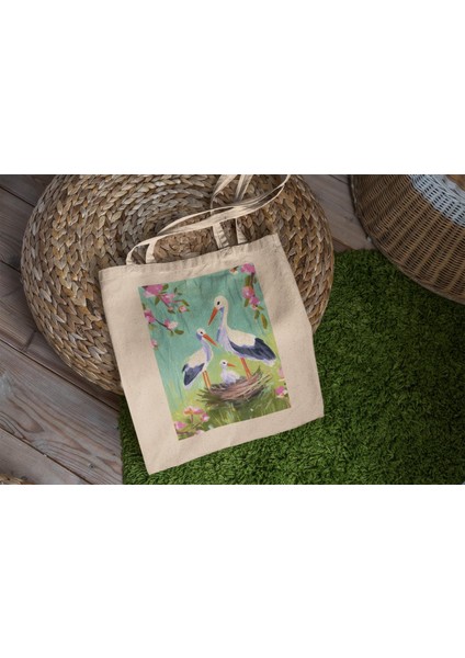Leylek Tote Çanta - Kuş Tote Çanta, Kanvas Çanta, Alışveriş Çantası, Kitap Çantası, Kanvas Tote Çanta, Kuş Kitap Çantası, Alışveriş Çantası Hediyesi, Bahar Tote Çantası modelleri