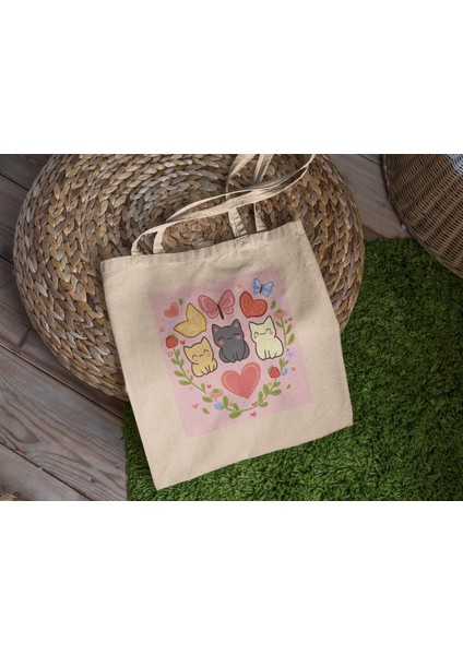 Üç Renkli Kedi Tote Çantası - Sevimli Tote Çantalar, Estetik Tote Çanta, Tote Çanta, Kanvas Çanta, Tote Çanta, En Iyi Kitap Çantası, Alışveriş Çantası