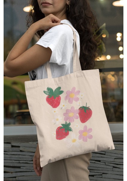 Çilek Çiçekli Tote Çantalar - Şirin Tote Çantalar, Kitap Çantaları, En Iyi Alışveriş Çantası, Estetik Tote Çantalar modelleri